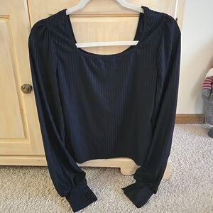 Elegant Women's Black Silky Light Pinstriped Puff Sleeve Blouse Top NWOT